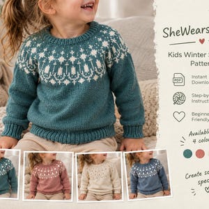 Puede incluir: Un suéter tejido de color verde azulado con un patrón nórdico blanco en el canesú que presenta estrellas y formas geométricas. El texto SheWearsItGifts Kids Winter Sweater Pattern aparece junto a iconos de PDF, instrucciones y colores.