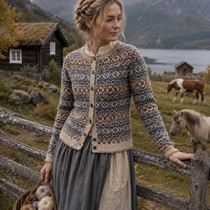 May include: A long-sleeve knit cardigan featuring a complex geometric pattern in shades of blue, brown, and cream. The garment has a round neckline, a front button closure with brown buttons, and ribbed cuffs and hem in a solid cream color.