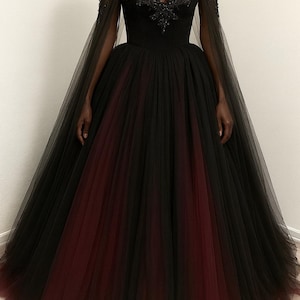 Gothic Black and Burgundy Tulle Ball Gown – Handmade Beaded Corset Dress with Cape Sleeves for Fantasy Weddings & Dark Prom