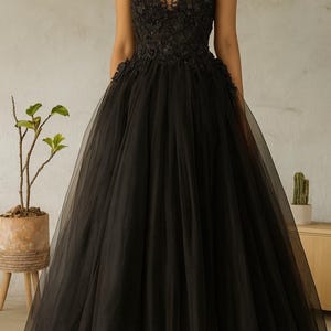 Handmade Black Tulle Evening Gown – Lace Appliqué Gothic Prom Dress with Deep V Neck