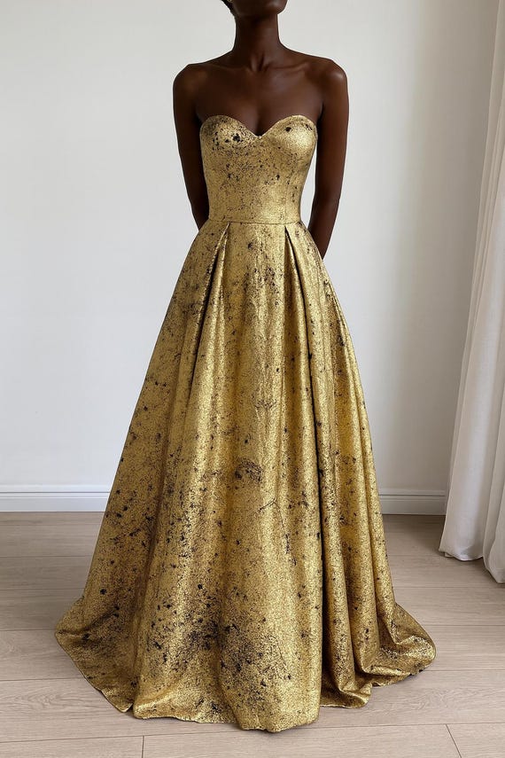 Gold Metallic Ball Gown – Strapless Luxury Evening Dress With Black  Splatter Detail - Etsy