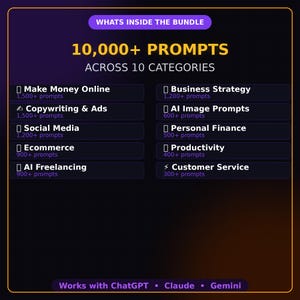 AI Prompt Bundle 10000 ChatGPT Claude Prompts Make Money Online Digital Download Side Hustle PLR 2026 image 2