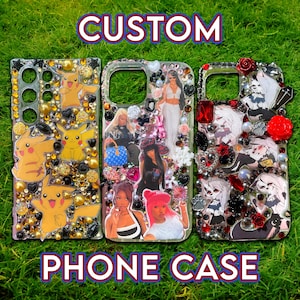 May include: Three custom phone cases with various designs. One case features Pikachu characters, another showcases images of women, and the third displays anime-style characters. All cases are embellished with rhinestones and other decorative elements. The word "CUSTOM" and "PHONE CASE" are displayed.