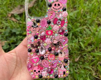 Pink Halloween Phone Case with Enamel Charms | Handmade (3D JUNK / BLING CASE) for Samsung / iPhone / Google Pixel / Other