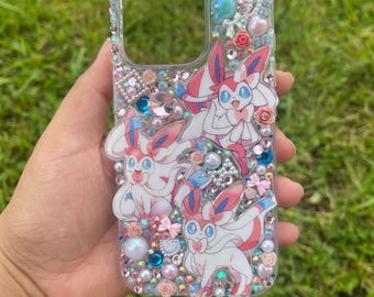Custodia per telefono con mostro dei cartoni animati anime kawaii rosa/bianco/fatta a mano (custodia 3D JUNK/BLING) per Samsung/iPhone/Google Pixel/altro