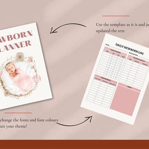 May include: A printable newborn planner with a pink floral design. The planner includes a daily newborn log with sections for diaper changes, feeding schedule, sleep schedule, and notes.