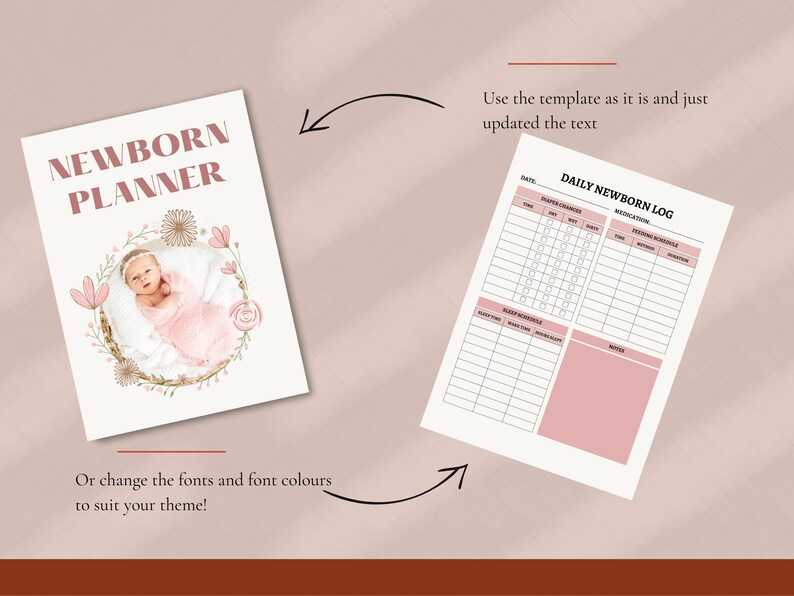 May include: A printable newborn planner with a pink floral design. The planner includes a daily newborn log with sections for diaper changes, feeding schedule, sleep schedule, and notes.