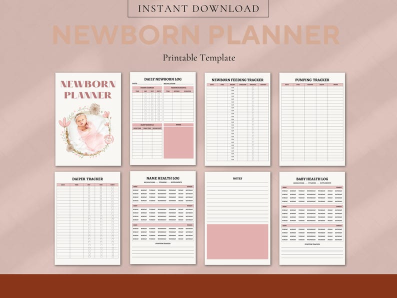 May include: Printable newborn planner with a pink and white color scheme. The planner includes sections for daily newborn log, feeding tracker, pumping tracker, diaper tracker, name health log, baby health log, and notes.