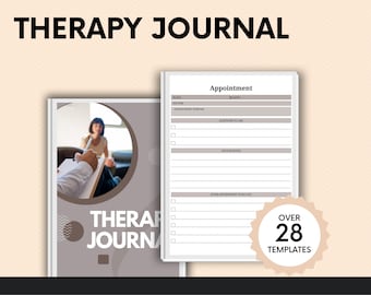 Pode incluir: Um diário de terapia com as palavras "THERAPY JOURNAL" no topo. O diário tem uma capa castanha clara com uma foto de uma sessão de terapia. O diário inclui mais de 28 modelos.