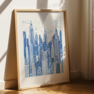 New York City Skyline – Blue Watercolor Cityscape, NYC Wall Art, wydruk z miejską architekturą, nowoczesny plakat podróżniczy | Pobieranie cyfrowe