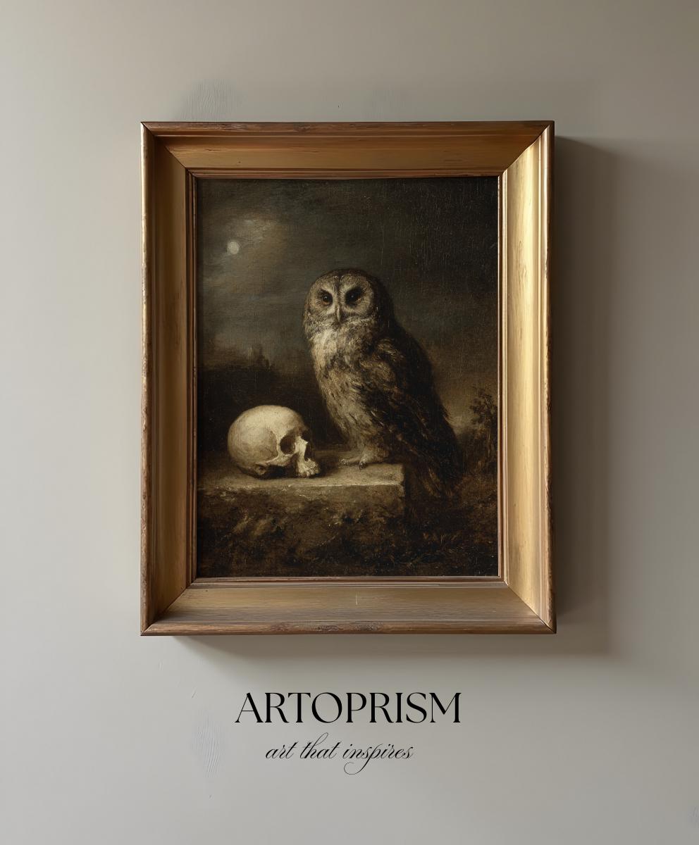 Owl with Skull Under Moon &ndash; Gothic Halloween Wall Art Printable Vintage Spooky Decor