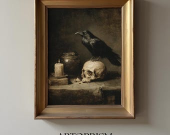 Raven on Skull with Candle – Dark Gothic Halloween Still Life Digital Art Print