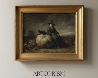 Witch with Black Cat on Giant Pumpkin – Vintage Halloween Gothic Digital Art