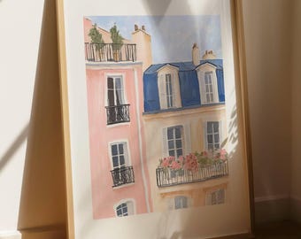 Parisian Balcony Art – European Architecture Wall Art | Romantic Cityscape Print | Digital Download