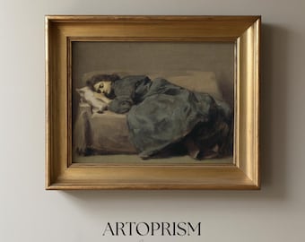 Sleeping Woman on Couch Portrait | 19th Century Oil Painting Style | Antique Resting Figure Wall Art | Digital Download