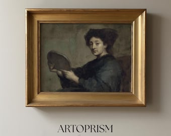 鏡を持つ女性の肖像画 | 19世紀の油絵スタイル | アンティークな女性の