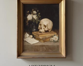 Skull with Roses - Vintage Gothic Skull Wall Art, Dark Academia Halloween Decor, Digital Print