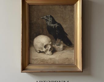Rabe und Schädel - Gothic Rabe Halloween Druck, dunkle Vogel Wand Kunst, gruselige Digital Download Dekor