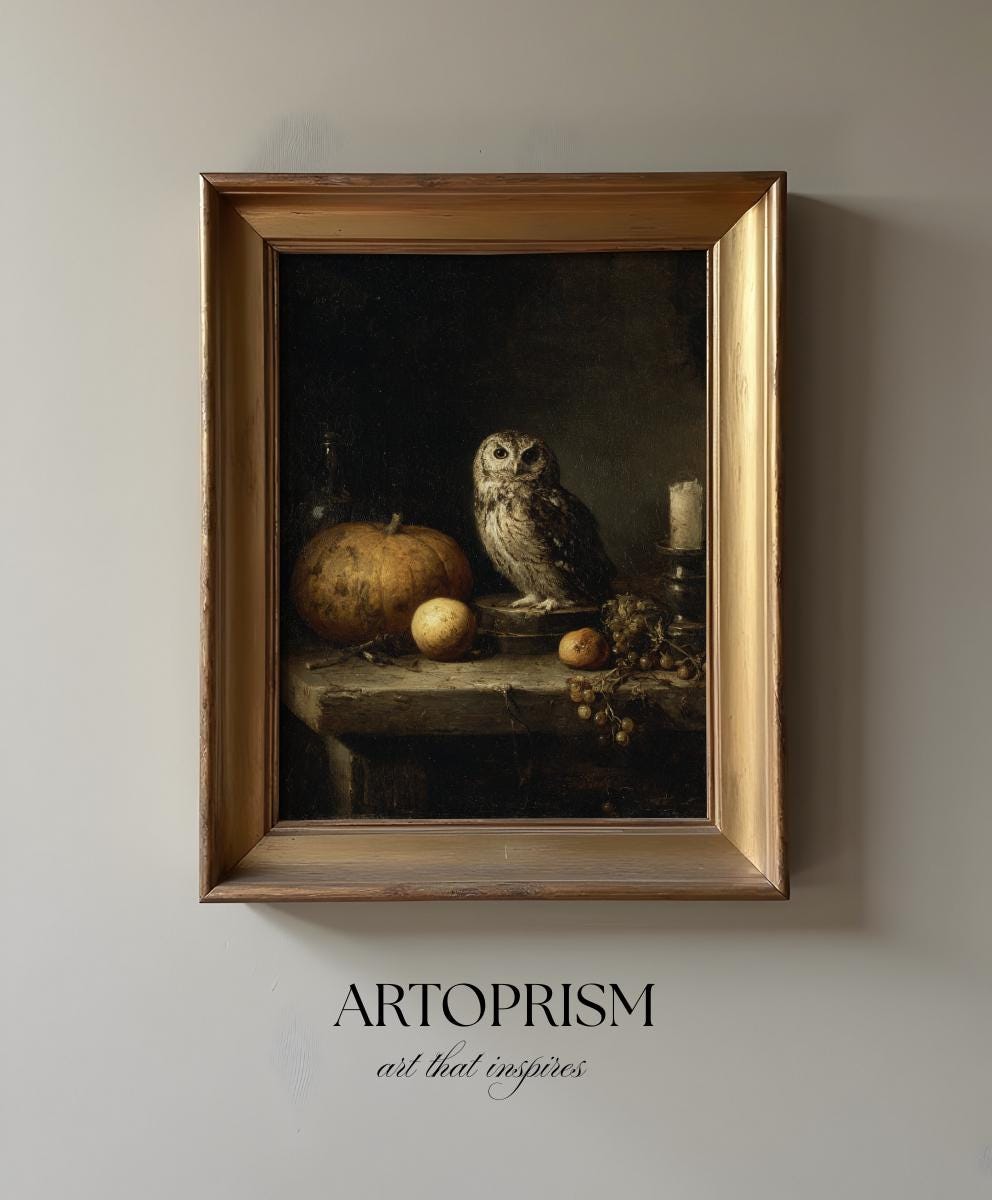 Owl with Pumpkin and Candle &ndash; Rustic Halloween Printable Wall Art Digital Vintage Decor