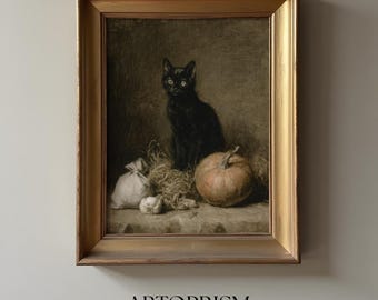 Halloween svart katt med pumpa – Vintage gotisk väggkonst, läskig digital nedladdning, häxig höstdekorationstryck