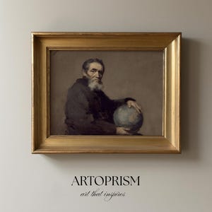 May include: A framed portrait of an older man with a long white beard, holding a globe. The painting is in a gold-colored frame. The text "ARTOPRISM art that inspires" is below the frame.