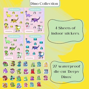 Paquete de pegatinas de dinosaurios divertidos: más de 30 pegatinas de dinosaurios adorables, 27 troqueles impermeables y hojas de pegatinas. Regalo divertido para niños y botellas de agua.