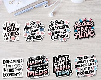 Pegatinas e imanes divertidos sobre salud mental / Ansiosos pero vivos / Dopamina en esta economía / Pegatinas con frases sarcásticas / Mate o brillo / 5 cm y 7,5 cm