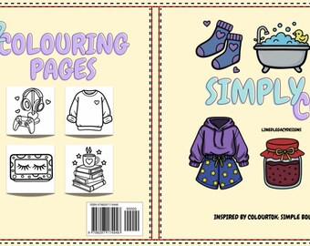 Puede incluir: Un libro para colorear con el texto "40 x 2 Colouring Pages" y "Simply Cozy". El libro presenta ilustraciones de elementos acogedores como calcetines, una bañera, una sudadera con capucha, pantalones cortos y un tarro de mermelada. La portada es de color amarillo claro.