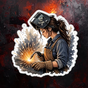 May include: A sticker featuring a woman welding. She wears a welding helmet with the text "Built Not Bought" and a heart. She is dressed in a blue shirt, brown apron, and gloves, with sparks flying from the welding torch.