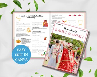 May include: A guide to a Hindu wedding ceremony, featuring a photo of a couple. The guide includes text and illustrations detailing the ceremony's steps. The cover displays the wedding details: "The Wedding of Rahul & Anjali" and the date.
