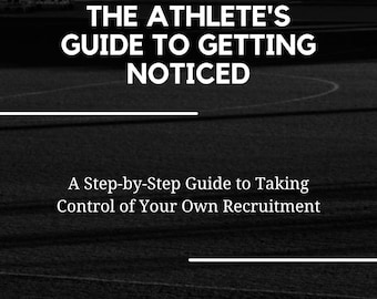 Puede incluir: Imagen en blanco y negro de un corredor en una pista con el texto "OVERLOOKED & UNDERESTIMATED: THE ATHLETE'S GUIDE TO GETTING NOTICED" y "A Step-by-Step Guide to Taking Control of Your Own Recruitment".