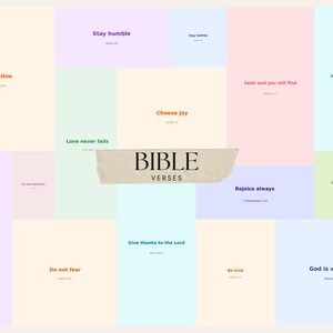 May include: A colorful collage featuring Bible verses on various pastel backgrounds. The text "BIBLE VERSES" is displayed prominently. Verses include "Seek Him," "Stay humble," "Choose joy," and "God is with you."