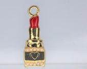Lipstick Charms, Red lipstick charms, This red lipstick has a square gold base with white tiny pearls and a heart on front. Check them out.