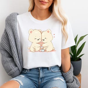 Cute Bear Couple T-Shirt - Unisex Heavy Cotton Tee - Kawaii Aesthetic Gift - Soft & Comfy Shirt for Couples Friends and Bear Lovers