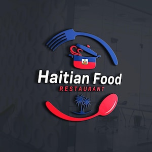 May include: A logo for a Haitian food restaurant. The logo features a red pot with a blue lid and the Haitian flag on the side. The pot is surrounded by a blue fork and a red spoon. The text "Haitian Food Restaurant" is below the pot.