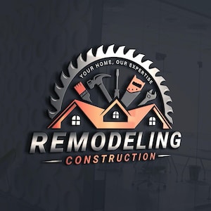 May include: A logo for a home remodelling and construction company. The logo features a saw blade with the text "Your Home, Our Expertise" around the edge. Inside the saw blade are images of a hammer, saw, wrench, paintbrush, and screwdriver. The logo also features two houses with windows and a red roof. The text "Remodeling Construction" is below the saw blade.