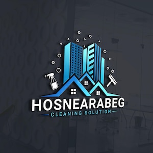 Peut inclure: Logo 3D pour un service de nettoyage, avec des bâtiments stylisés bleus, des toits et des outils de nettoyage. Le nom de l'entreprise "HOSNEARABEG" est affiché en blanc, avec "CLEANING SOLUTION" en dessous en bleu.