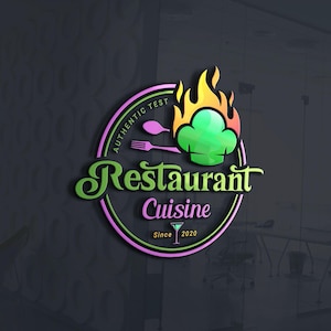 Puede incluir: Un logotipo colorido para un restaurante llamado "Restaurant Cuisine" con el texto "Authentic Test" y "Since 2020". El logotipo presenta un gorro de chef con llamas, un tenedor y una cuchara.
