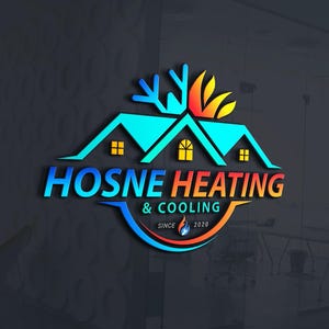 以下が含まれることがあります： ホスネ・ヒーティング＆クーリングの青、赤、黄色のロゴ。ロゴは、炎と雪の結晶のデザインが施されたスタイリッシュな家を特徴としています。「Hosne Heating & Cooling」のテキストは、太字の白で書かれています。「Since 2020」のテキストは、より小さな白で書かれています。