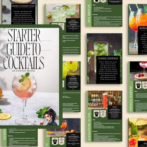 May include: A "Starter Guide to Cocktails" book with 50 recipes, featuring a pink cocktail with a lemon slice and mint. Surrounding the book are recipe cards for drinks like the French Martini and Singapore Sling.