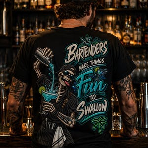 Cartoon Skeleton Bartender Shirt, Funky Cocktail Graphic Tee, Quirky Bar Lover Gift, Mixology T-Shirt