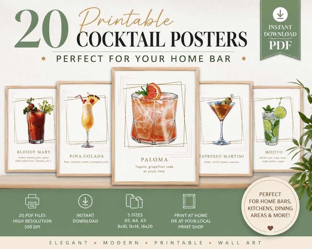 Printable Cocktaisl 20 Printable Cocktail Posters With Recipes | Instant Download PDF ...