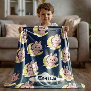 Personalized Name Labubu Blanket Theme Labubu On The Moon lover Gift, Gift for Her, Labubu Blanket,Kids Blanket For Girls,
