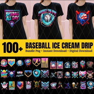 100+野球用アイスクリームドリップPNGバンドル、野球スポーツチームデジタルファイル野球アイスクリームスプリンクル昇華デザイン
