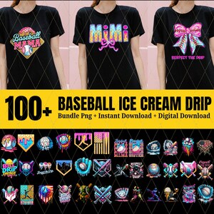 100+野球用アイスクリームドリップPNG SVGバンドル、野球スポーツチームのデジタルファイル野球アイスクリームスプリンクル昇華デザイン