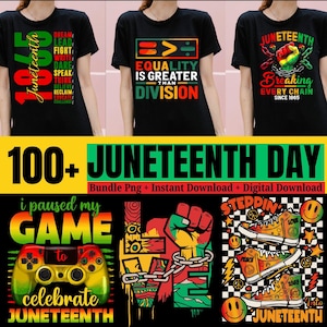 May include: A collection of black t-shirts with Juneteenth-themed graphics. Designs include text like "Equality is Greater Than Division," and "Breaking Every Chain." Other graphics include a game controller, sneakers, and a raised fist.