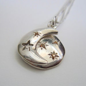 Moon & Stars Necklace | Sterling Silver Eclipse Locket Pendant with Sapphire Star Setting | Sentimental Handmade Gift for Two Souls