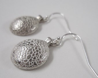 Casual Cool Drop Earrings / Leather textured Silver Earrings / Sweet Neutral Drop earrings / Silver domed earrings