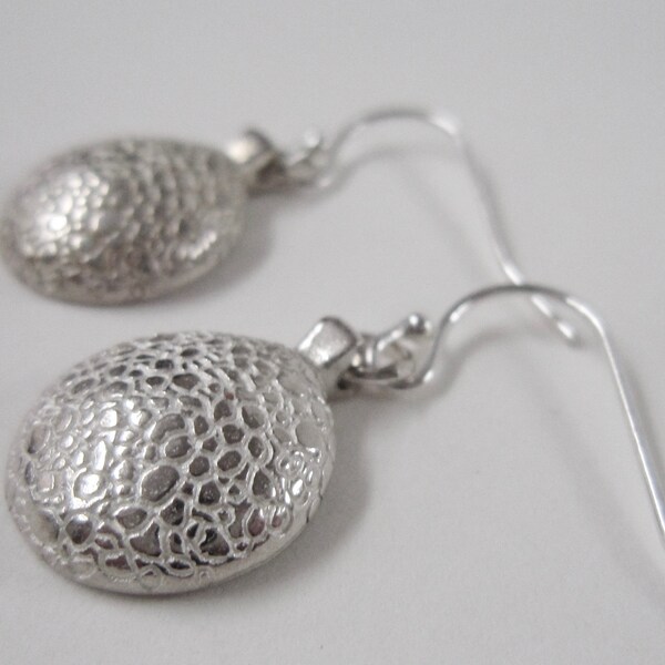Casual Cool Drop Earrings / Leather textured Silver Earrings / Sweet Neutral Drop earrings / Silver domed earrings