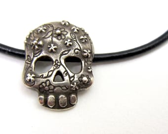 Sugar Skull jewelry / Leather Skull Bracelet / Sterling Silver Bracelet / unique handmade jewelry